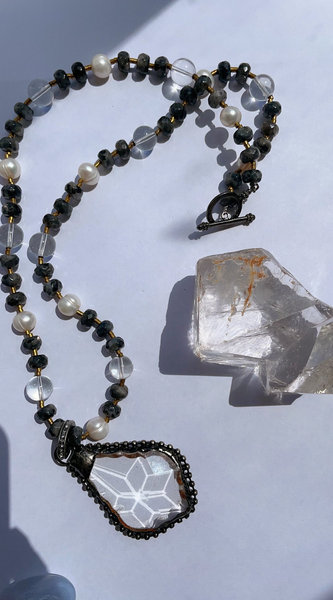 Wisdom with me! - Larvikite,Clear Quartz and Fresh Water Pearls Necklace Designer