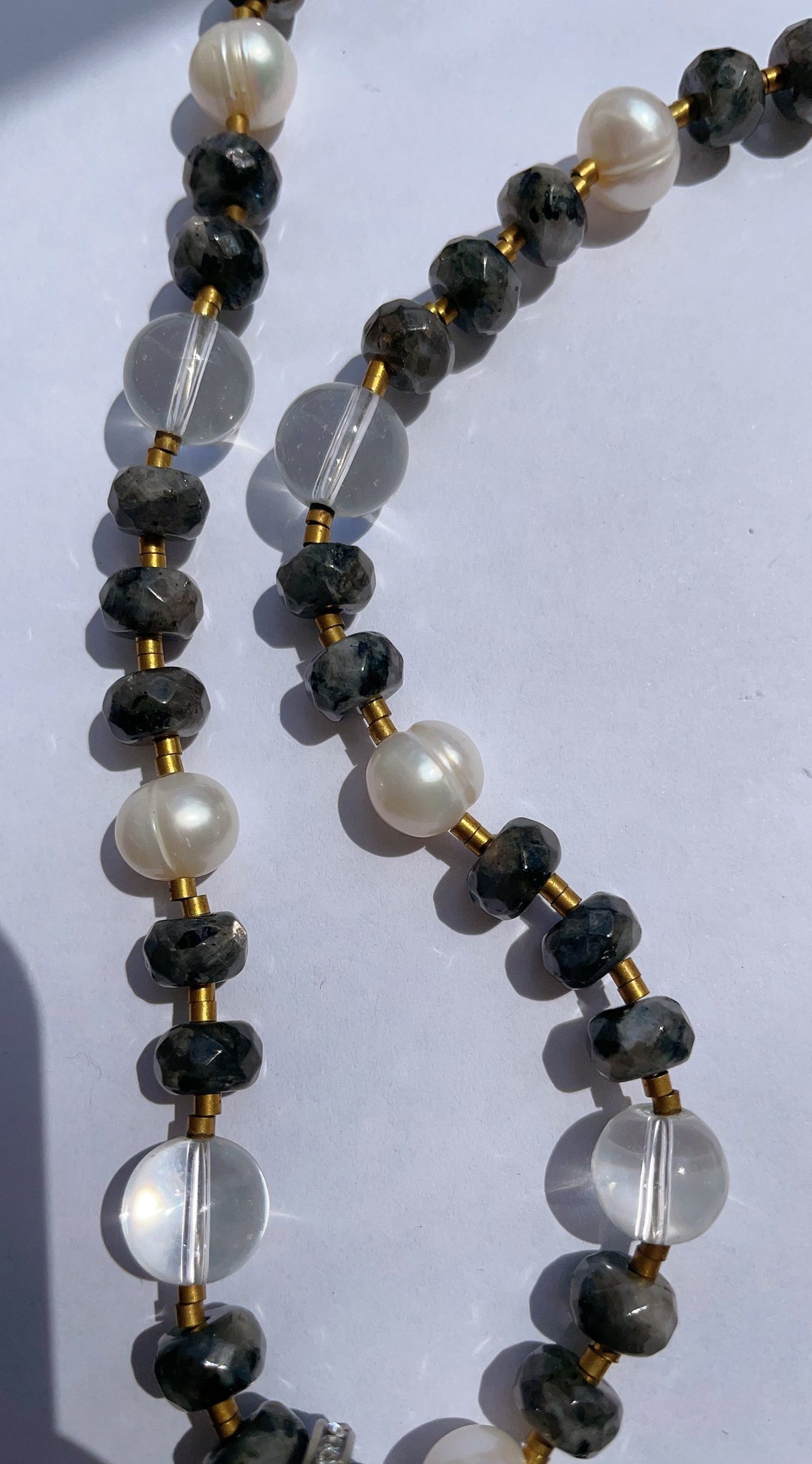 Wisdom with me! - Larvikite,Clear Quartz and Fresh Water Pearls Necklace Designer